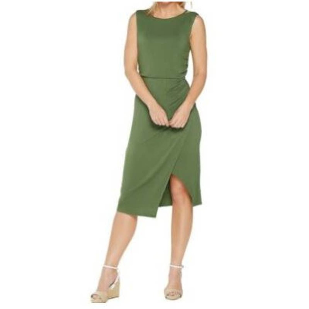 Lisa Rinna Collection Side Ruched Midi Dress Green L NEW A308775